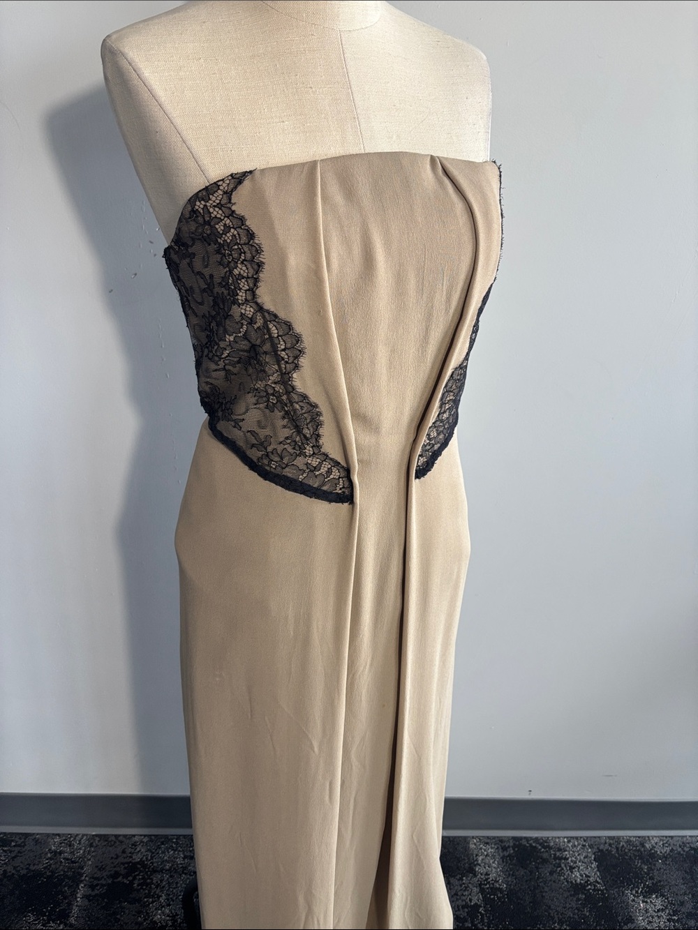 Strapless Tan Dress with Black Lace Accent